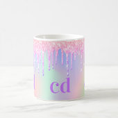 Monogram holografische eenhoornglitter drip regenb koffiemok (Center)
