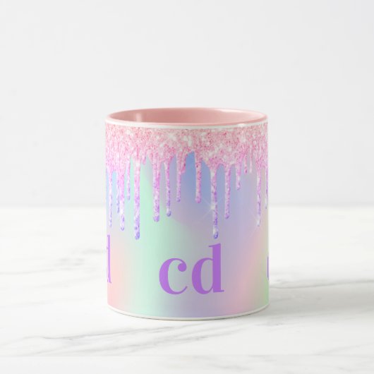 Monogram holografische eenhoornglitter drip regenb mok (Midden)