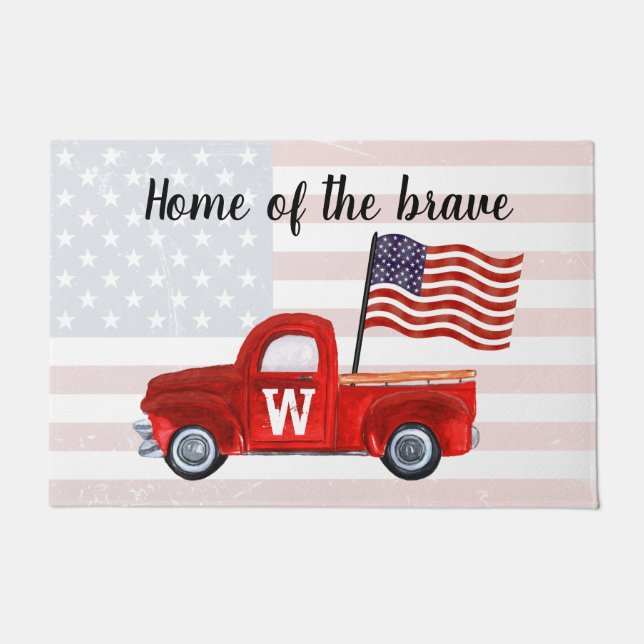 Monogram Home van de Brave American Flag Red Truck Deurmat (Voorkant)