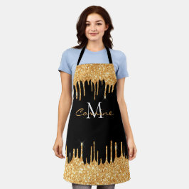Monogram Honey Gold Glitter Drip Black Name Apron Schort