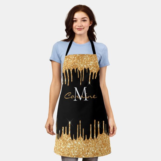 Monogram Honey Gold Glitter Drip Black Name Apron Schort (Gedragen)
