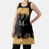 Monogram Honey Gold Glitter Drip Black Name Apron Schort (Insitu)