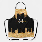 Monogram Honey Gold Glitter Drip Black Name Apron Schort (Voorkant)