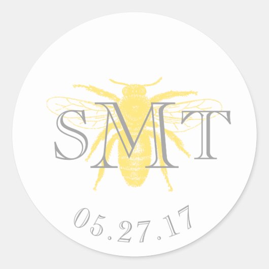 Monogram Honeybee Favor Sticker- Grijs en Geel Ronde Sticker (Voorkant)