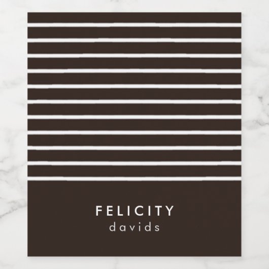 Monogram horizontale strepen bruin & wit wijn etiket (Enkel label)