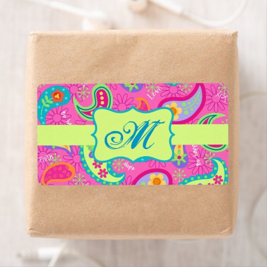 Monogram Hot Pin Fuchsia Modern Paisley Pattern Etiket (Insitu)