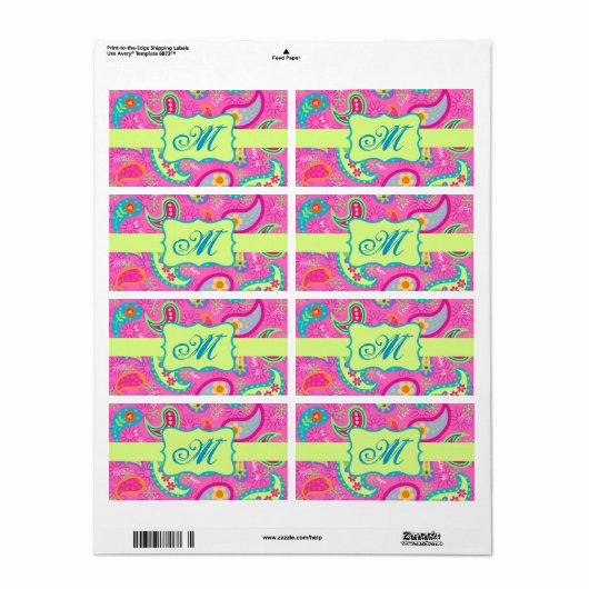 Monogram Hot Pin Fuchsia Modern Paisley Pattern Etiket (Full Sheet)