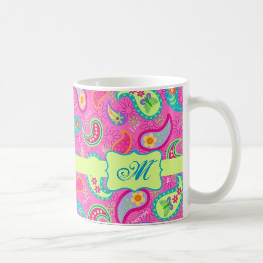 Monogram Hot Pin Fuchsia Modern Paisley Pattern Koffiemok (Rechts)