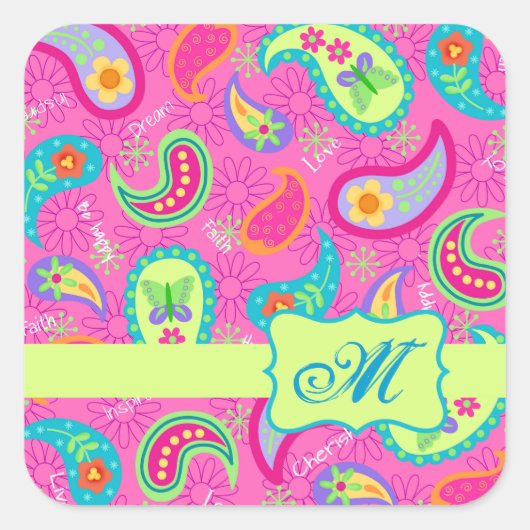 Monogram Hot Pin Fuchsia Modern Paisley Pattern Vierkante Sticker (Voorkant)