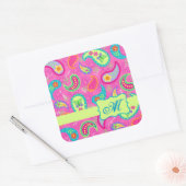 Monogram Hot Pin Fuchsia Modern Paisley Pattern Vierkante Sticker (Envelop)