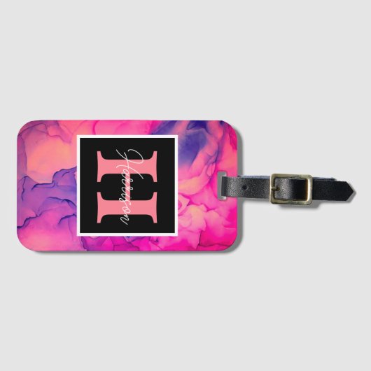 Monogram Hot Pink Alcohol Ink voor haar Bagagelabel (Voorkant (horizontaal))