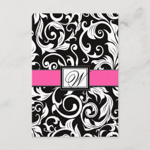 Monogram Hot Pink Black Damask Wedding RSVP-kaarte RSVP Kaartje