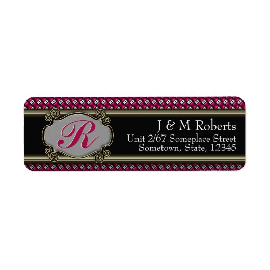 Monogram Hot Pink Black Gold Stylish Address Label (Voorkant)