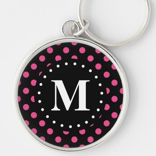Monogram Hot Pink Black Polka Dots Sleutelhanger (Voorkant)