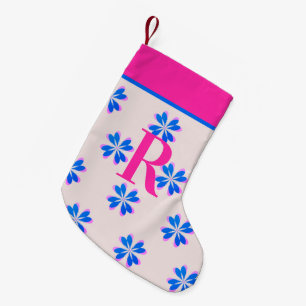 Monogram Hot Pink Blue Retro Flower Kerstmis Kleine Kerstsok