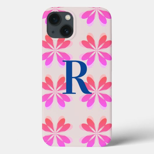 Monogram Hot Pink Blue Retro Flower Patroon Case-Mate iPhone Case (Achterkant)