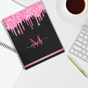 Monogram Hot Pink Dripping Glitter Zwart Notitiebo Notitieboek