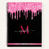 Monogram Hot Pink Dripping Glitter Zwart Notitiebo Notitieboek (Voorkant)