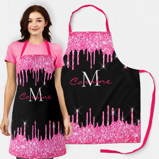 Monogram Hot Pink Driving Glitter en Zwarte Naam Schort