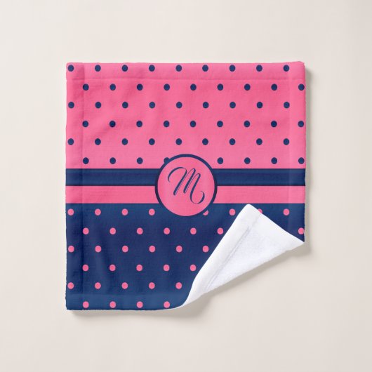 Monogram Hot Pink en Navy Polka Dot Pattern Bad Handdoek (Wasdoekje)