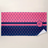 Monogram Hot Pink en Navy Polka Dot Pattern Strandlaken (Voorkant)