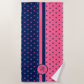 Monogram Hot Pink en Navy Polka Dot Pattern Strandlaken (Voorkant)