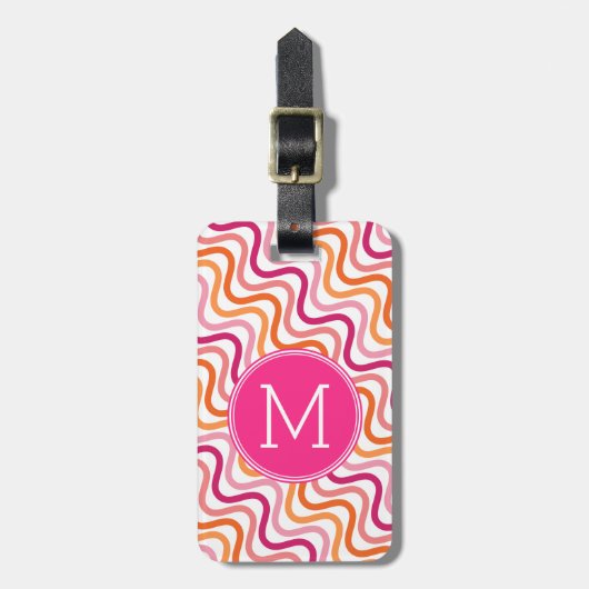 Monogram Hot Pink en Oranje Chevron Wave Pattern Bagagelabel (Voorkant verticaal)
