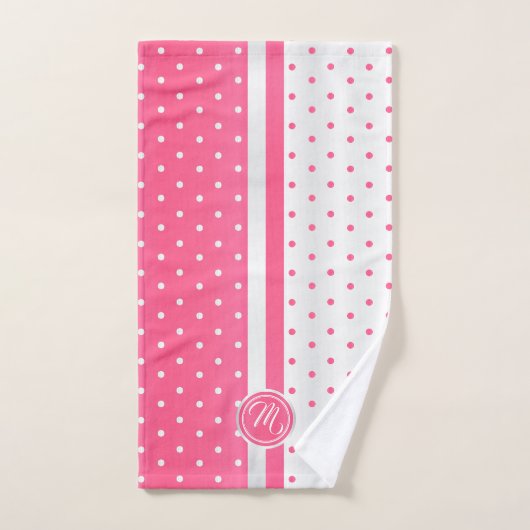 Monogram Hot Pink en White Polka Dot Pattern Bad Handdoek (Handdoek)