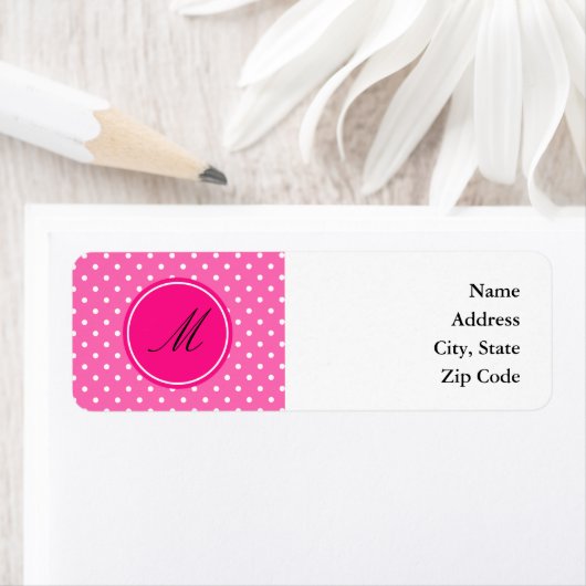 Monogram Hot Pink en White Polka Dot Pattern Etiket (Insitu)