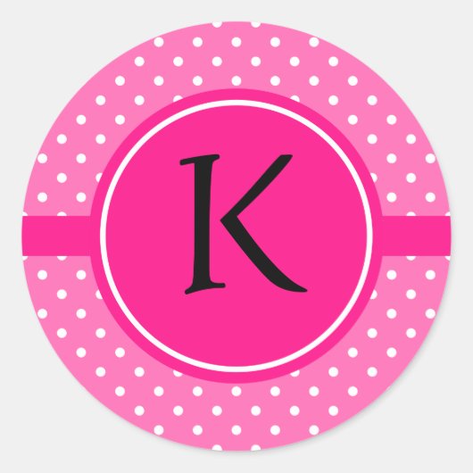 Monogram Hot Pink en White Polka Dot Pattern Ronde Sticker (Voorkant)