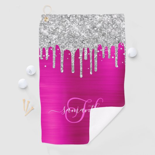Monogram Hot Pink en zilver Dripping Glitter Golfhanddoek (Insitu)