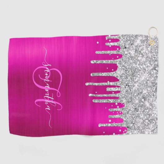 Monogram Hot Pink en zilver Dripping Glitter Golfhanddoek (Horizontaal)