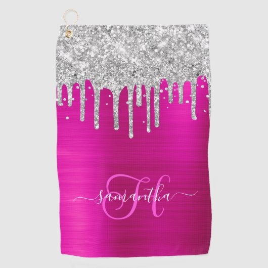 Monogram Hot Pink en zilver Dripping Glitter Golfhanddoek (Voorkant)
