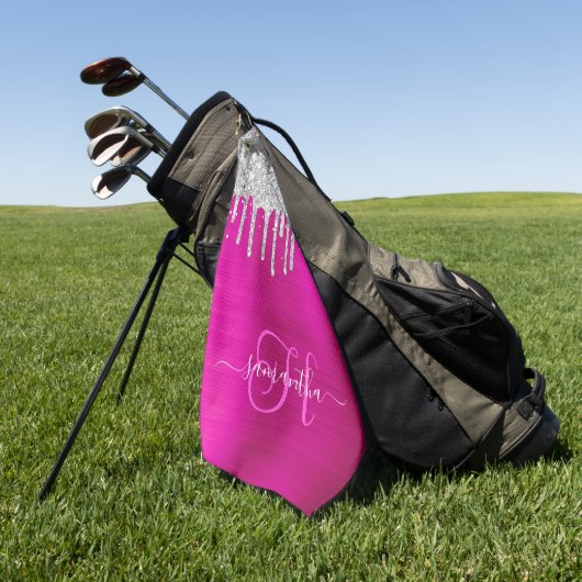 Monogram Hot Pink en zilver Dripping Glitter Golfhanddoek (Groen)