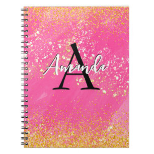 Monogram Hot Pink Glitter Voeg Jouw naam + Initiaa Notitieboek