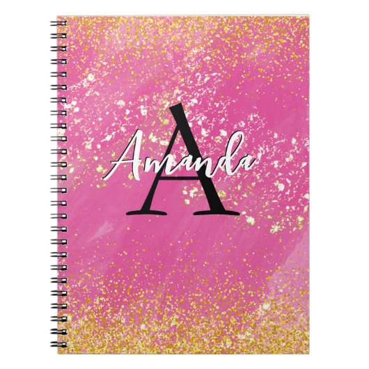 Monogram Hot Pink Glitter Voeg Jouw naam + Initiaa Notitieboek (Voorkant)