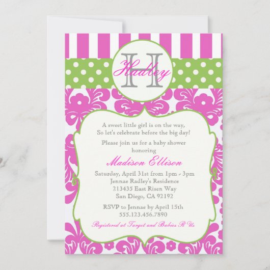 Monogram Hot Pink Green Baby shower Invitation Kaart (Voorkant)