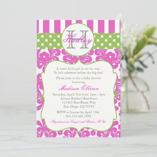 Monogram Hot Pink Green Baby shower Invitation Kaart (Staand voorkant)