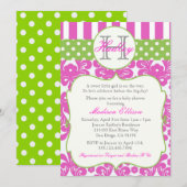 Monogram Hot Pink Green Baby shower Invitation Kaart (Voorkant / Achterkant)
