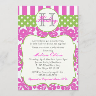 Monogram Hot Pink Green Baby shower Invitation Kaart