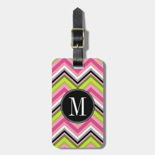 Monogram Hot Pink, Limoen en Black Chevron Pattern Bagagelabel (Voorkant verticaal)