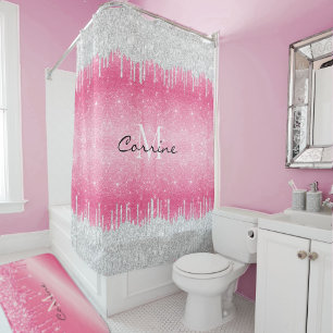 Monogram Hot Pink Ombre Glitter Silver Icing Drip Douchegordijn