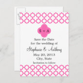 Monogram Hot Pink Quatrefoil Opslaan Datum Aankondigingskaart (Voorkant / Achterkant)