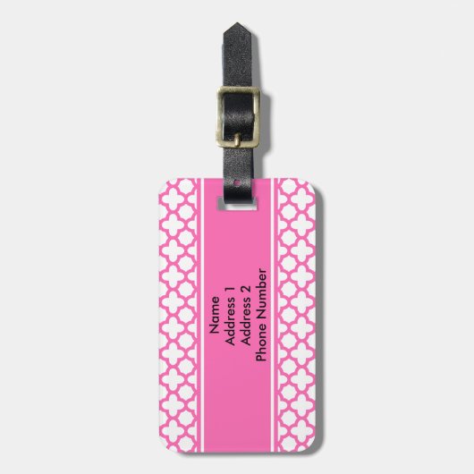 Monogram Hot Pink Quatrefoil Patroon Bagagelabel (Voorkant verticaal)