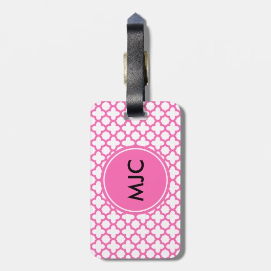 Monogram Hot Pink Quatrefoil Patroon Bagagelabel (Achterkant verticaal)
