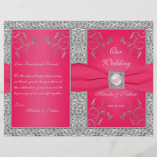 Monogram Hot Pink, Silver Floral Wedding Programme (Voorkant)