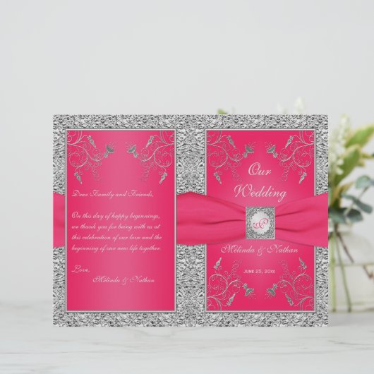 Monogram Hot Pink, Silver Floral Wedding Programme (Staand voorkant)