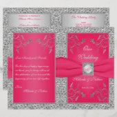 Monogram Hot Pink, Silver Floral Wedding Programme (Voorkant / Achterkant)