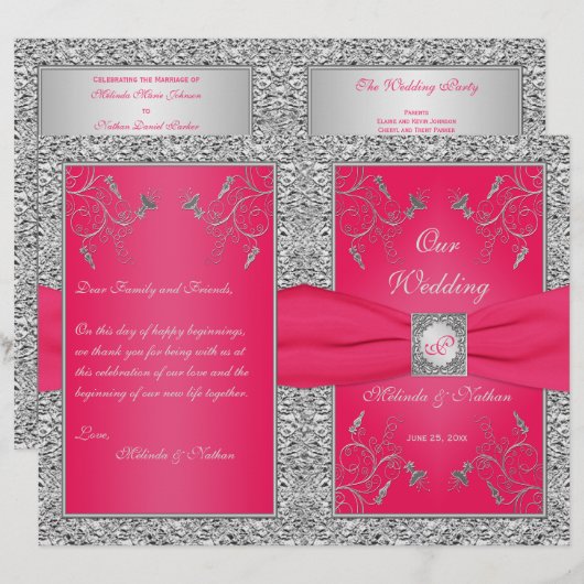 Monogram Hot Pink, Silver Floral Wedding Programme (Voorkant / Achterkant)