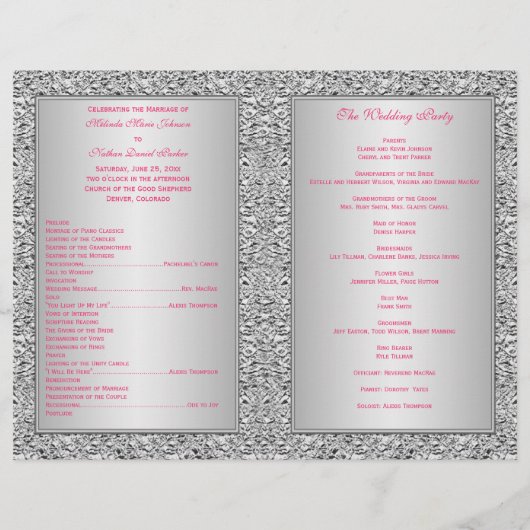 Monogram Hot Pink, Silver Floral Wedding Programme (Achterkant)
